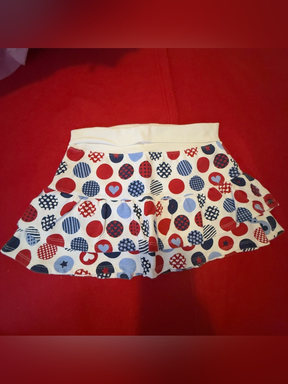 Basic Editions White Skirt with Red & Blue Dot and Heart Print